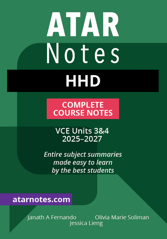 Green and black Complete Course Notes by ATAR Notes for VCE HHD, with white text and 'COMPLETE COURSE NOTES' on a pink banner.
