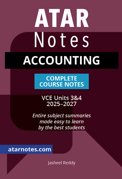 Dark red Accounting Notes by ATAR Notes, displaying "VCE Units 3&4 2025-2027" and "Complete Course Notes".