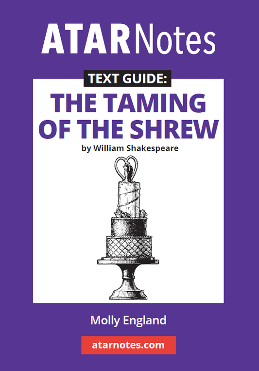 Text guide for The Taming of the Shrew by William Shakespeare, with a wedding cake illustration on a purple background.