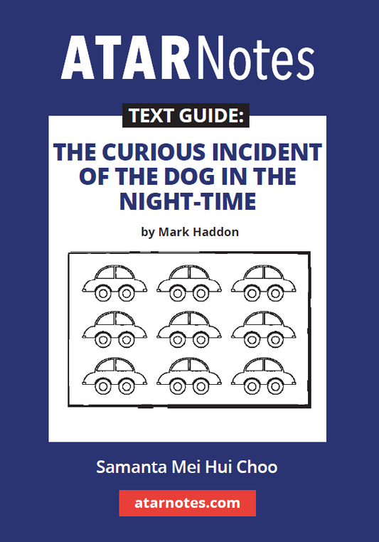 Navy blue and white Text Guide by ATARNotes for 'The Curious Incident of the Dog in the Night-time' featuring nine cars.