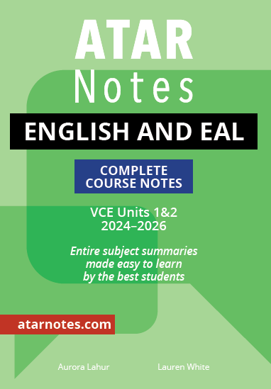 Green course notes cover from ATAR Notes, for VCE English and EAL, with white and black text and abstract shapes.