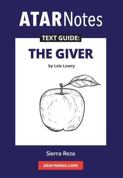 Text Guide for The Giver by Lois Lowry from ATARNotes, featuring a black-and-white apple illustration on a dark blue cover.