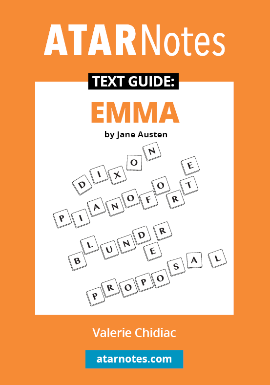 Orange and white text guide for 'Emma by Jane Austen' by ATARNotes, featuring scattered Scrabble-like tiles spelling 'Dixon', 'Pianoforte', 'Blunder', and 'Proposal'.