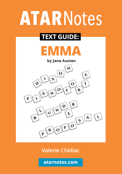 Orange and white text guide for 'Emma by Jane Austen' by ATARNotes, featuring scattered Scrabble-like tiles spelling 'Dixon', 'Pianoforte', 'Blunder', and 'Proposal'.