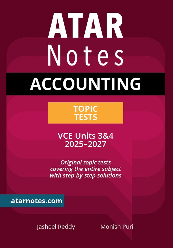 Topic tests book by ATAR Notes with a dark red cover, white 'ACCOUNTING' title, orange 'TOPIC TESTS' banner, and 'VCE Units 3&4 2025-2027' text.