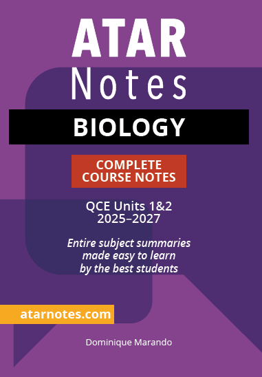 Purple and orange QCE Biology complete course notes by ATAR Notes, featuring white and black text and a speech bubble design.