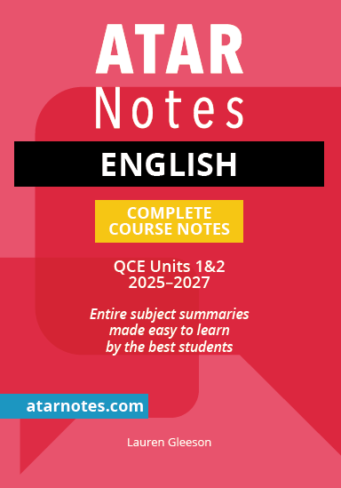 English Course Notes by ATAR Notes, with a red and black cover, featuring "Complete Course Notes" in yellow and "QCE Units 1&2 2025-2027".
