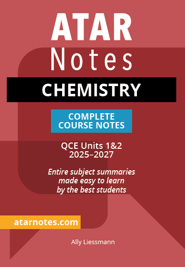 Red Chemistry Course Notes by ATAR Notes, with 'CHEMISTRY' on a black banner, 'COMPLETE COURSE NOTES' on a blue banner, and a yellow web address tab.
