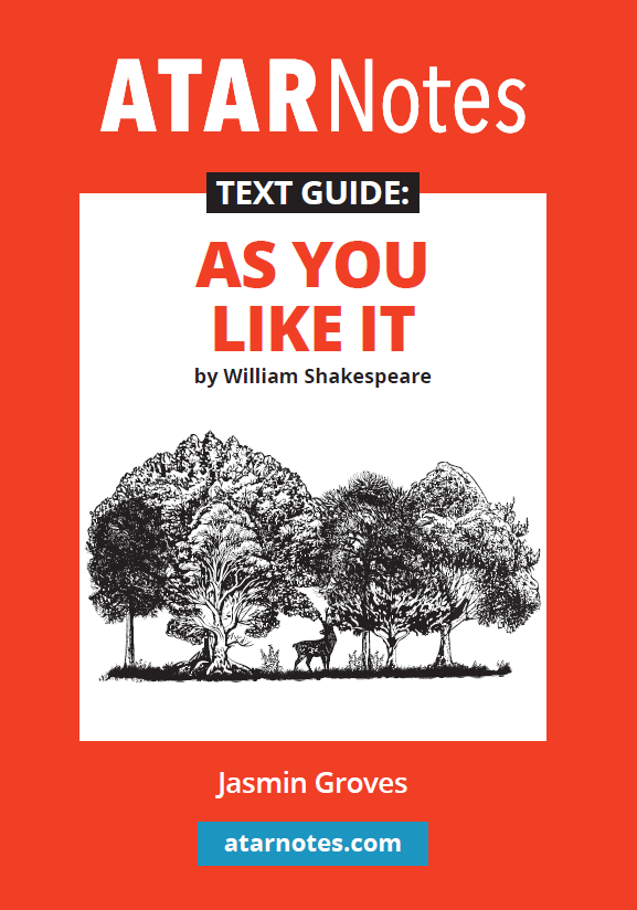 Text guide for William Shakespeare's As You Like It from ATARNotes, featuring a red cover with a forest illustration and author Jasmin Groves.