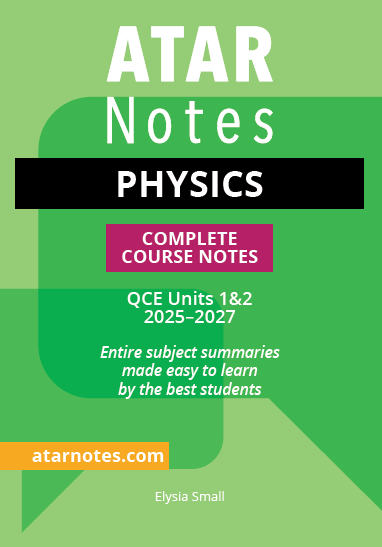 QCE Physics 1&2 complete course notes with a green, black, and magenta cover by ATAR Notes, displaying white text.