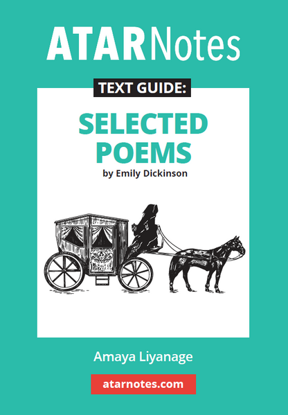 Teal and white text guide by ATARNotes, covering Emily Dickinson's Selected Poems, with a horse-drawn carriage illustration.
