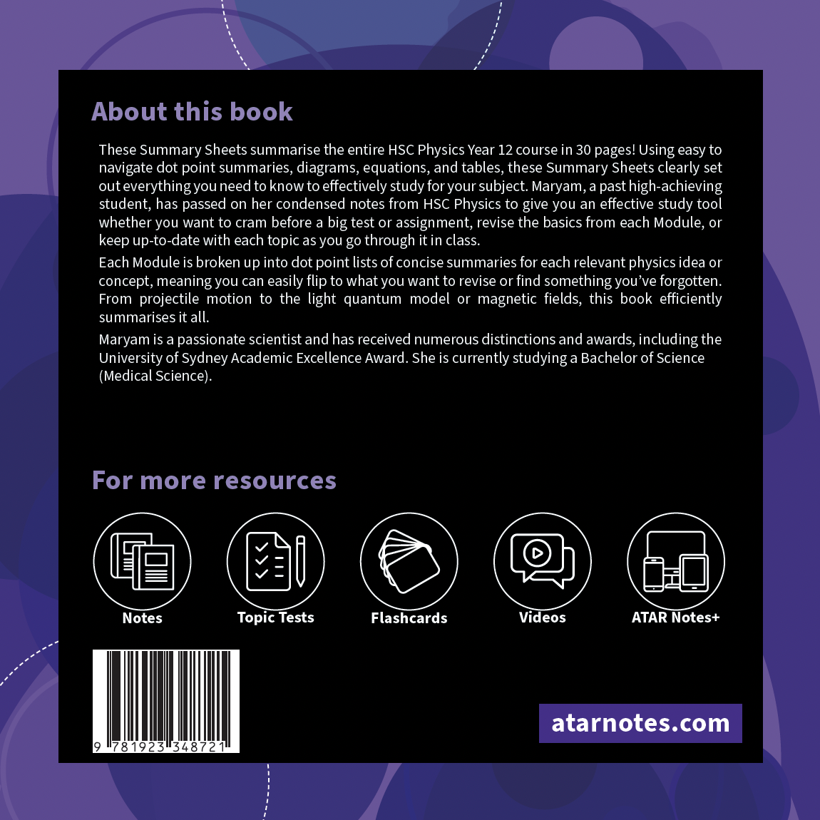 Digital product cover for HSC Year 12 Physics Summary Sheets by ATAR Notes, showing descriptive text, resource icons, a barcode, and "atarnotes.com" on a dark purple background.
