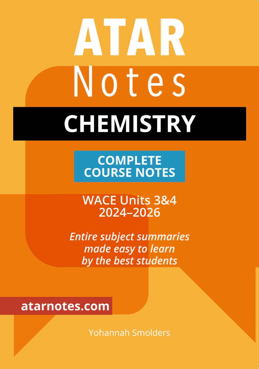 Chemistry course notes with an orange, black, and blue cover by ATAR Notes, detailing "Complete Course Notes WACE Units 3&4".