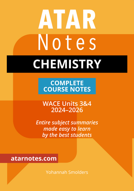 Chemistry course notes with an orange, black, and blue cover by ATAR Notes, detailing "Complete Course Notes WACE Units 3&4".