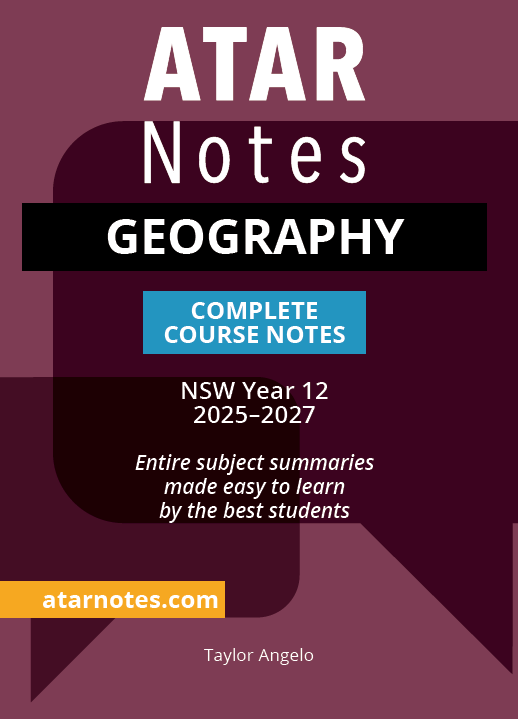 HSC Year 12 Geography Complete Course Notes from ATAR Notes, featuring a dark purple cover with white, black, blue text and an orange footer.