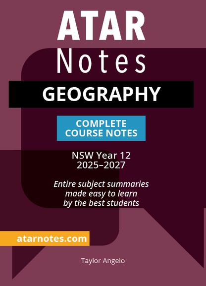 HSC Year 12 Geography Complete Course Notes from ATAR Notes, featuring a dark purple cover with white, black, blue text and an orange footer.