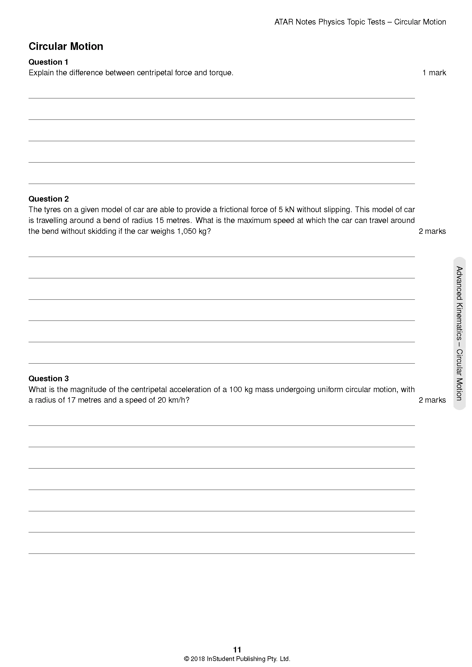 HSC Year 12 Physics Topic Tests by ATAR Notes, a white page with black text displaying Circular Motion questions.