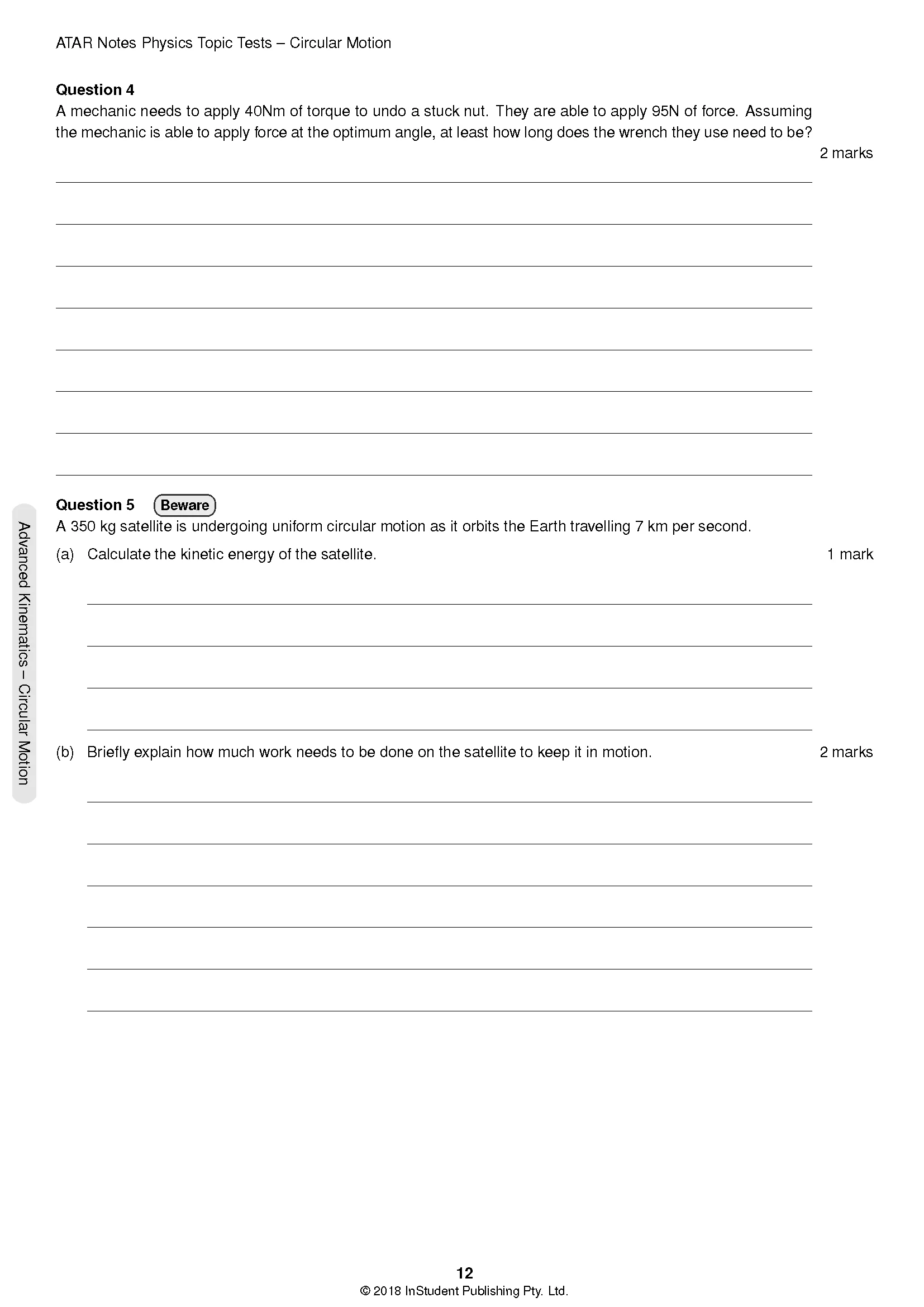Physics Topic Tests by ATAR Notes, showing a white page with black text and questions on circular motion.
