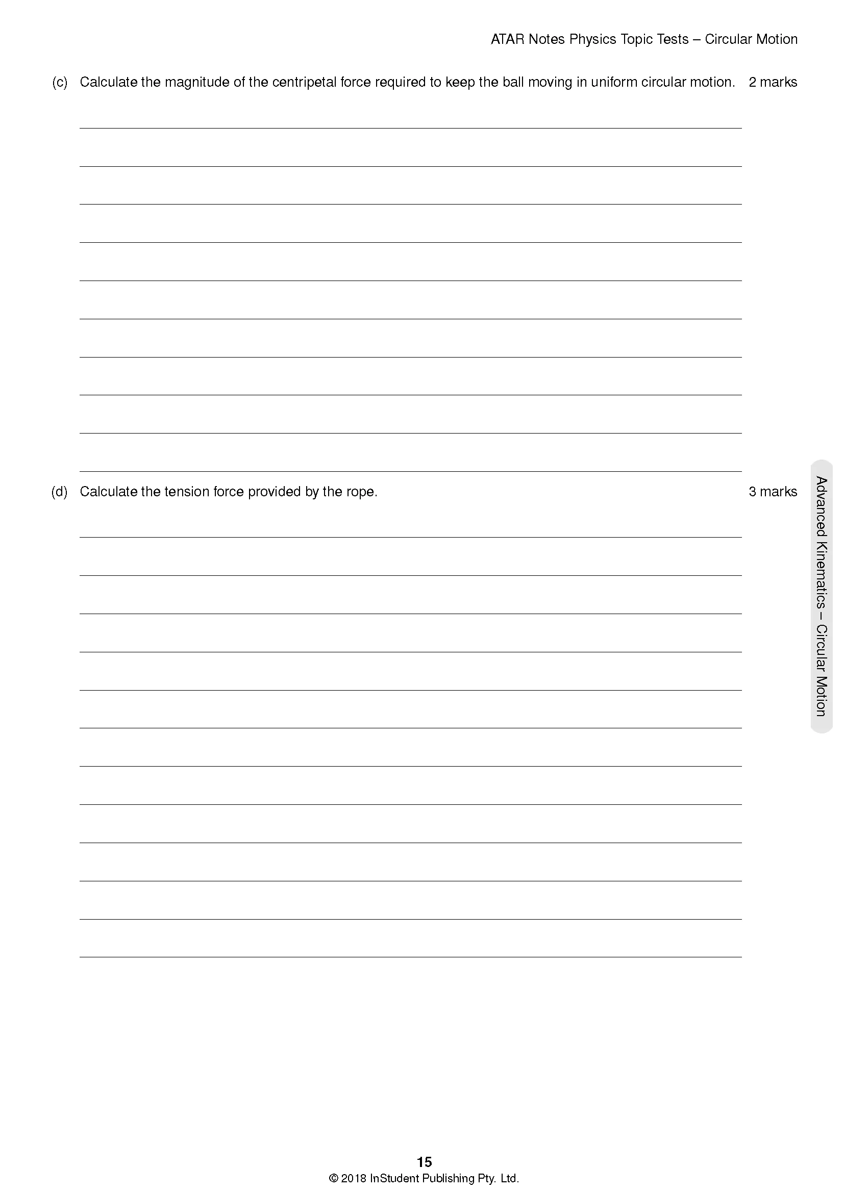 Physics Topic Tests question page by ATAR Notes, showing circular motion questions with blank answer lines.