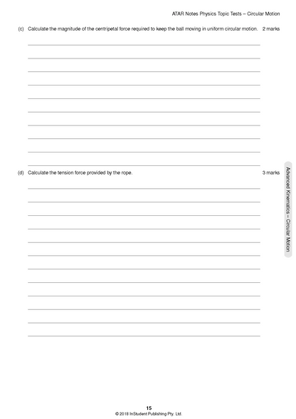 Physics Topic Tests question page by ATAR Notes, showing circular motion questions with blank answer lines.