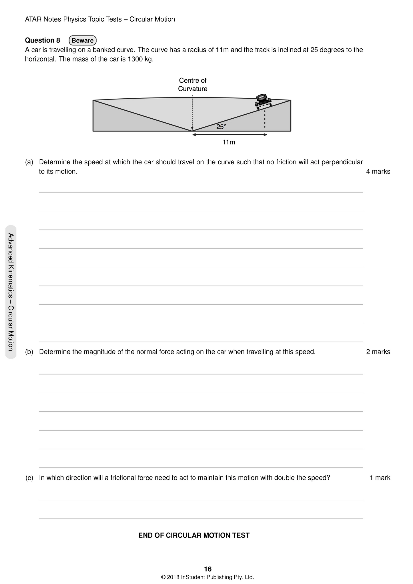 HSC Year 12 Physics Topic Tests by ATAR Notes, showing a page with a circular motion question and banked curve diagram.
