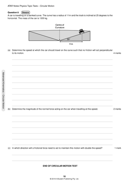HSC Year 12 Physics Topic Tests by ATAR Notes, showing a page with a circular motion question and banked curve diagram.