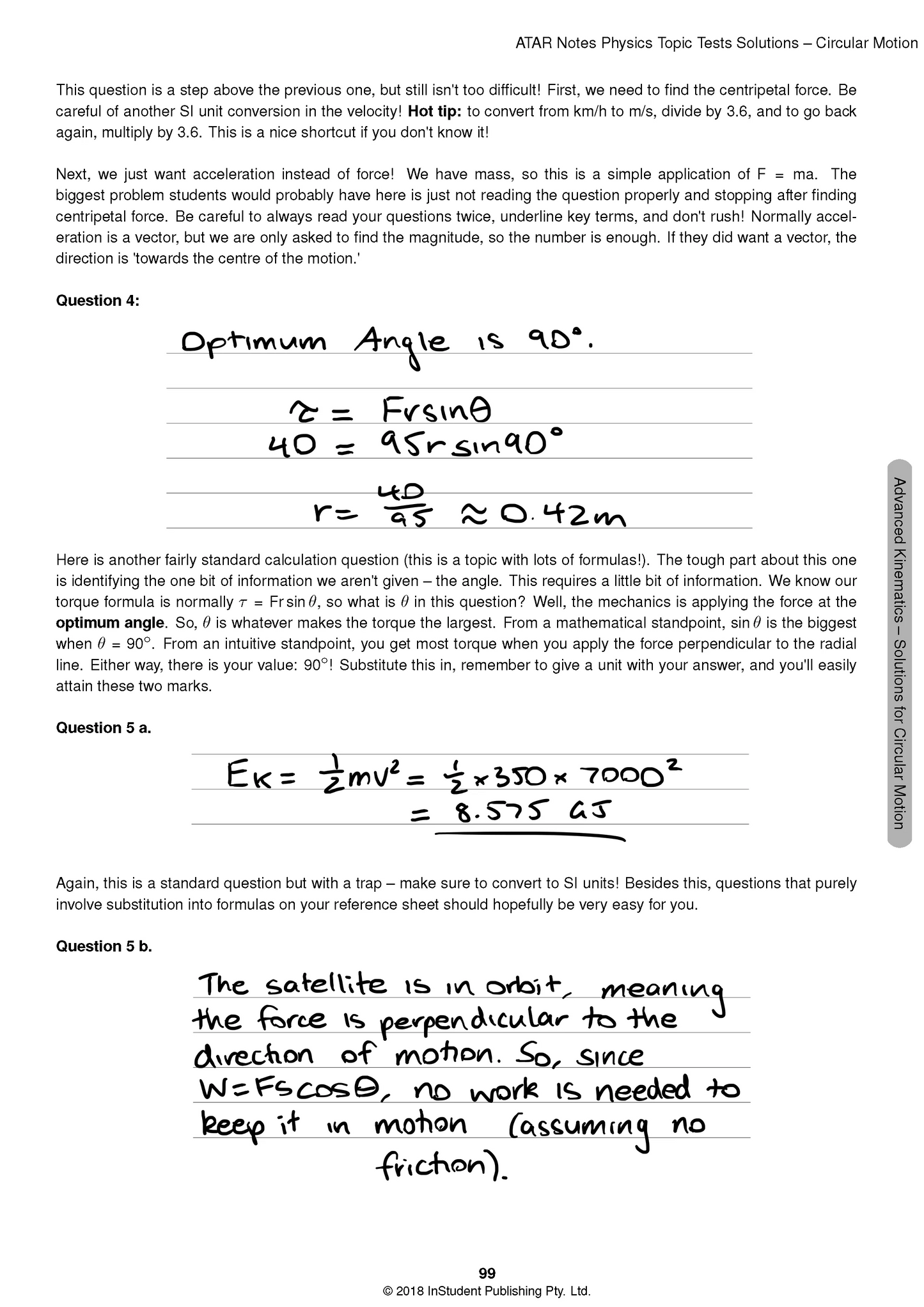 Physics Topic Test Solutions page by ATAR Notes, showing handwritten answers and explanations for circular motion problems.