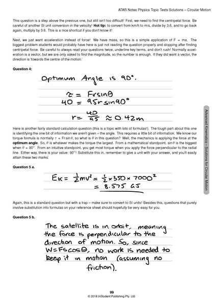 Physics Topic Test Solutions page by ATAR Notes, showing handwritten answers and explanations for circular motion problems.