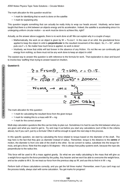 Physics Topic Test Solutions by ATAR Notes showing a page with problem explanations and handwritten calculations for circular motion.