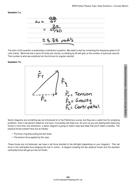 Physics Topic Test page by ATAR Notes showing handwritten solutions for circular motion with equations and a vector diagram.