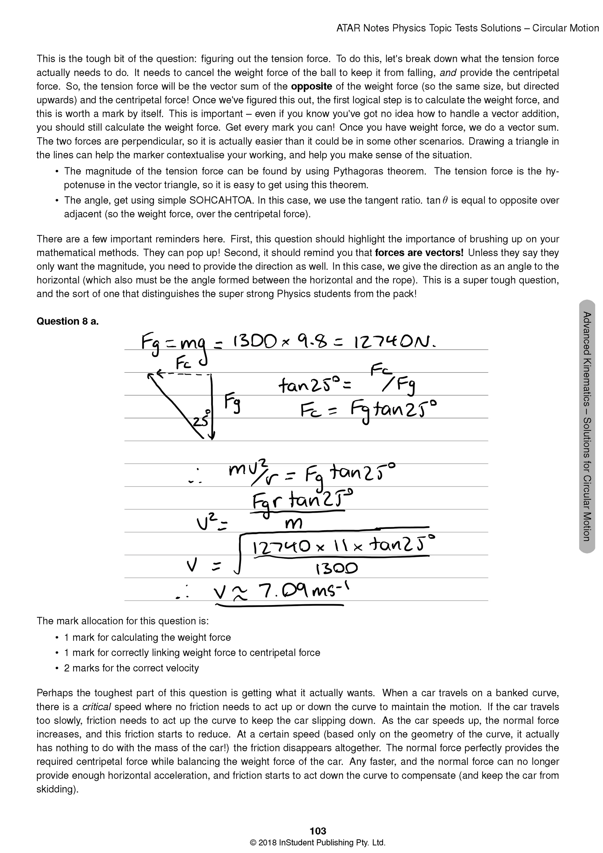 Physics Topic Tests by ATAR Notes, displaying a cropped page with printed notes and handwritten circular motion calculations.