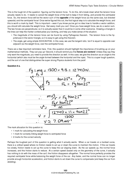 Physics Topic Tests by ATAR Notes, displaying a cropped page with printed notes and handwritten circular motion calculations.
