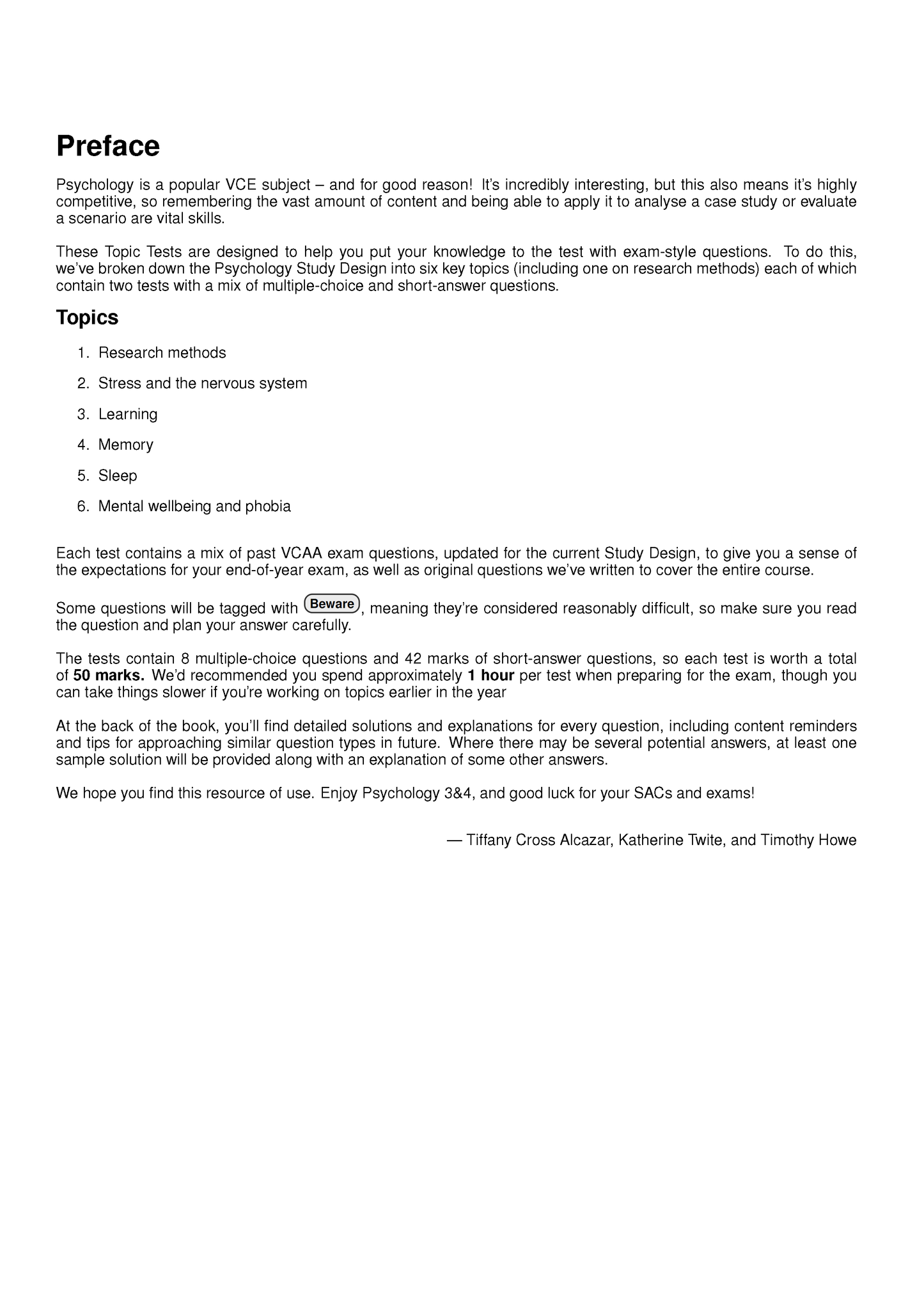 VCE Psychology 3&4 Topic Tests by ATAR Notes, a page showing the 'Preface' and 'Topics' sections with detailed instructions.