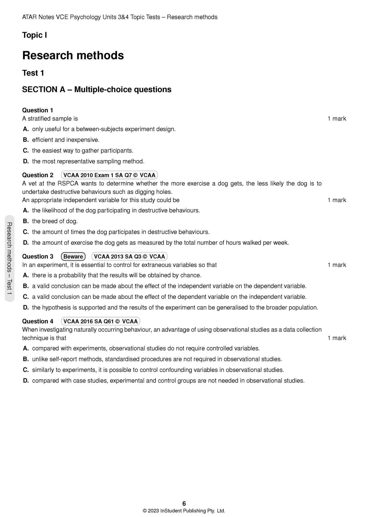 Multiple-choice psychology topic tests from ATAR Notes, with questions on research methods, shown on a printed page.