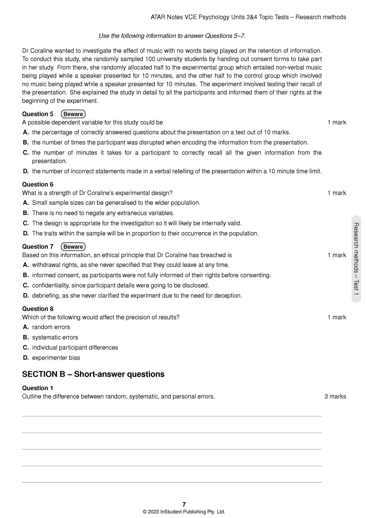 VCE Psychology Topic Tests page by ATAR Notes, featuring multiple-choice and short-answer questions on a white background.
