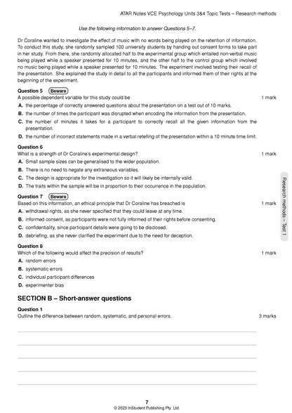 VCE Psychology Topic Tests page by ATAR Notes, featuring multiple-choice and short-answer questions on a white background.