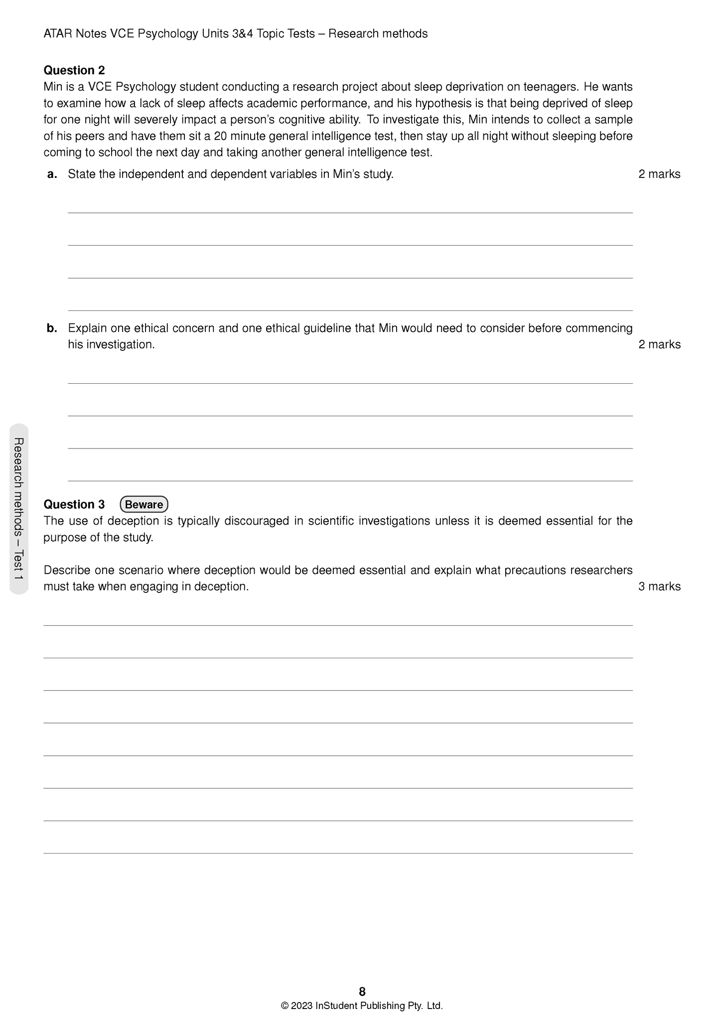 VCE Psychology Topic Tests by ATAR Notes, an open page displaying questions on research methods and ethics.