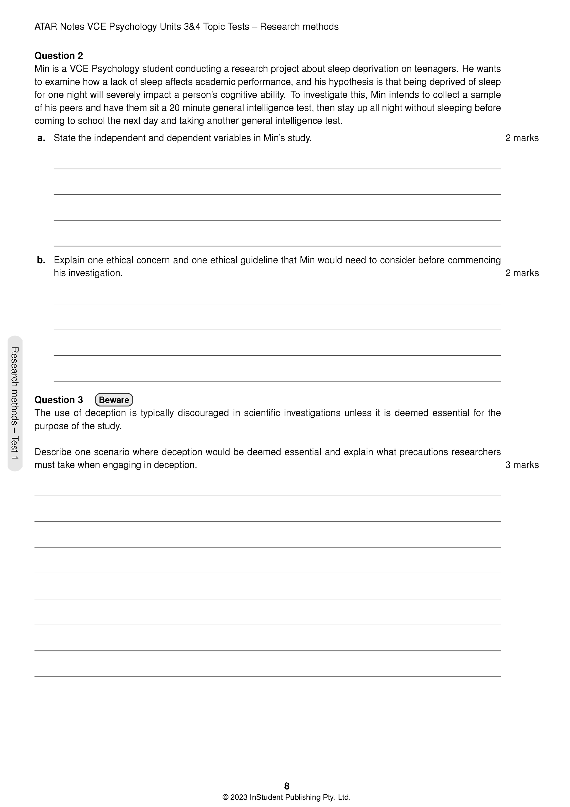 VCE Psychology Topic Tests by ATAR Notes, an open page displaying questions on research methods and ethics.