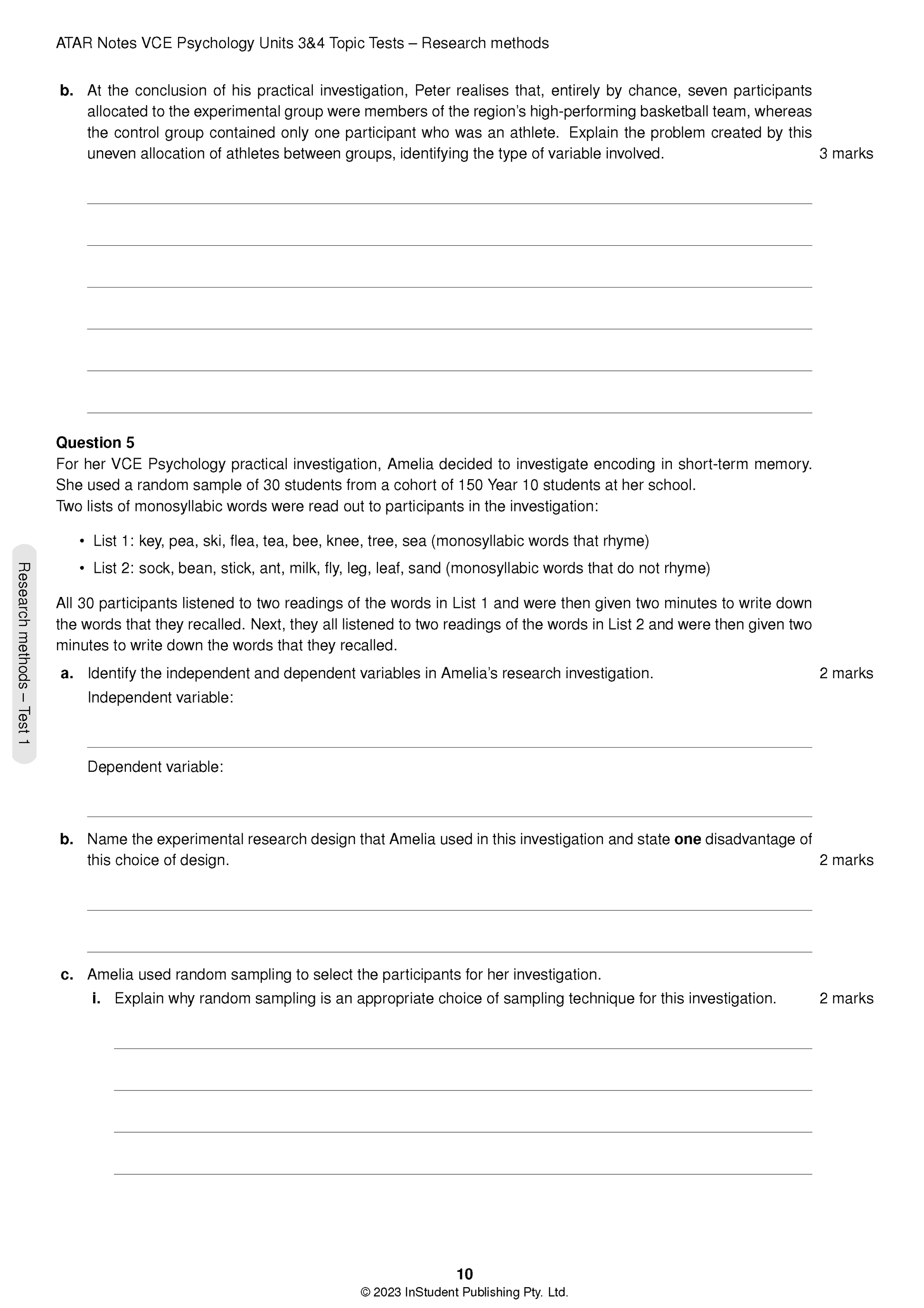Psychology Topic Tests by ATAR Notes, a white page with questions, blank answer lines, and footer copyright.