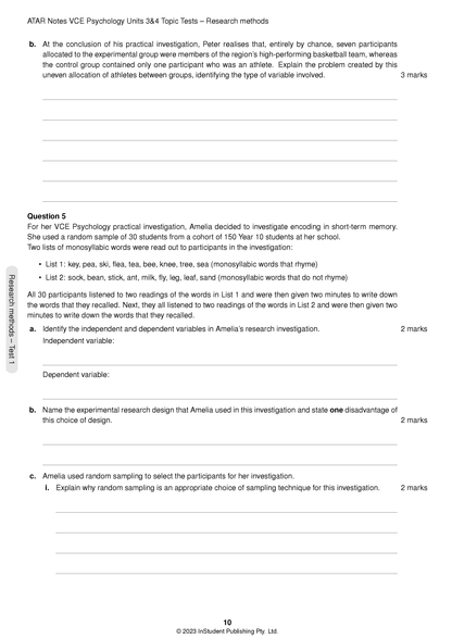 Psychology Topic Tests by ATAR Notes, a white page with questions, blank answer lines, and footer copyright.