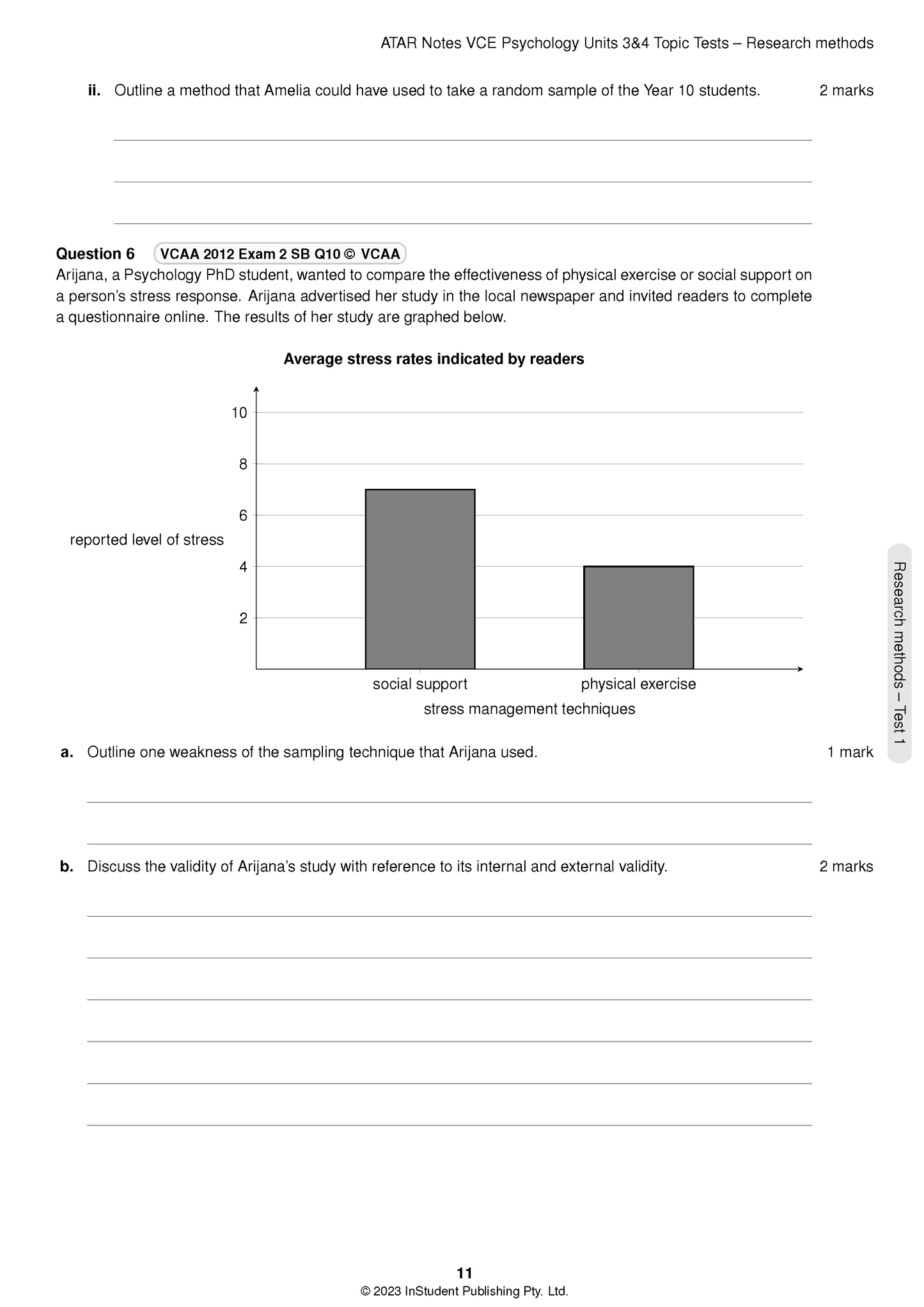 VCE Psychology 3&4 topic test paper by ATAR Notes, displaying research methods questions and a bar graph on stress management techniques.