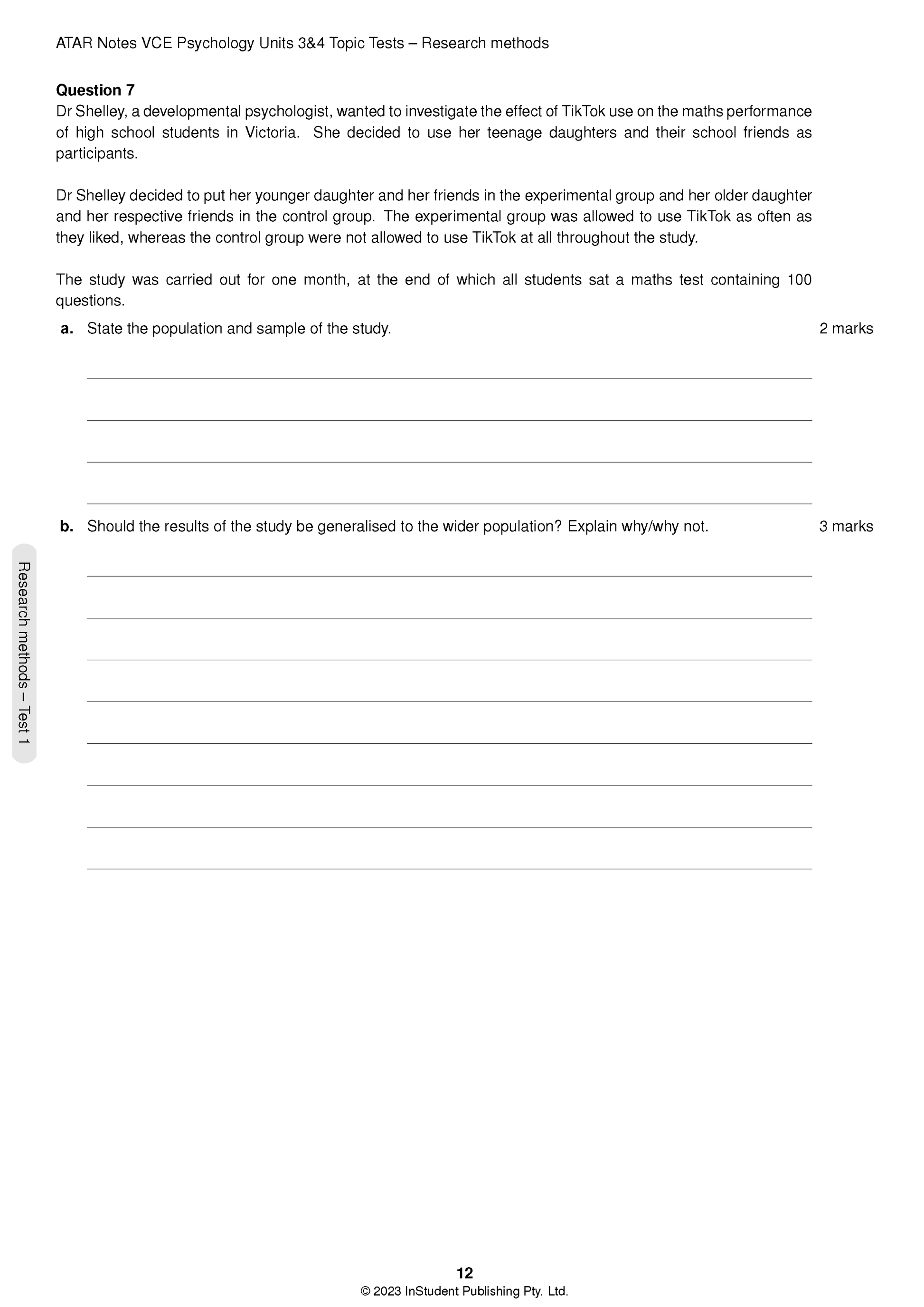 VCE Psychology 3&4 Topic Tests (2024-2026) by ATAR Notes, displaying a page with Question 7 on research methods.