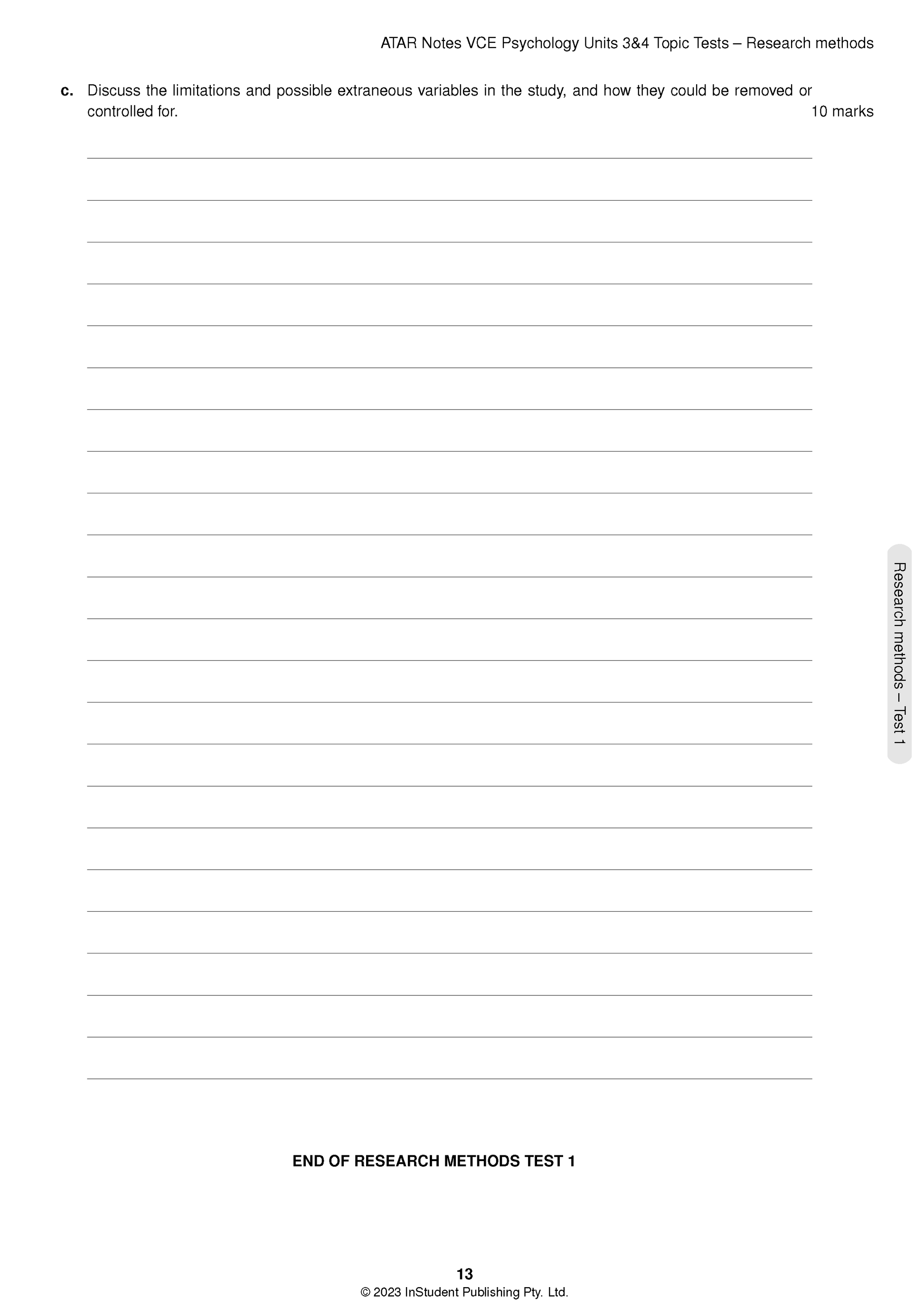 White Topic Test page by ATAR Notes, displaying question 'c' on research limitations and extraneous variables worth 10 marks, with blank answer lines and a footer.