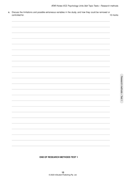 White Topic Test page by ATAR Notes, displaying question 'c' on research limitations and extraneous variables worth 10 marks, with blank answer lines and a footer.