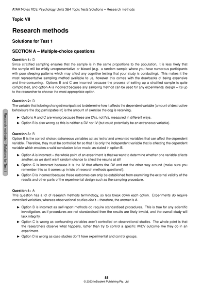 VCE Psychology 3&4 Topic Tests by ATAR Notes, a page showing research methods solutions for Test 1 with a grey sidebar.