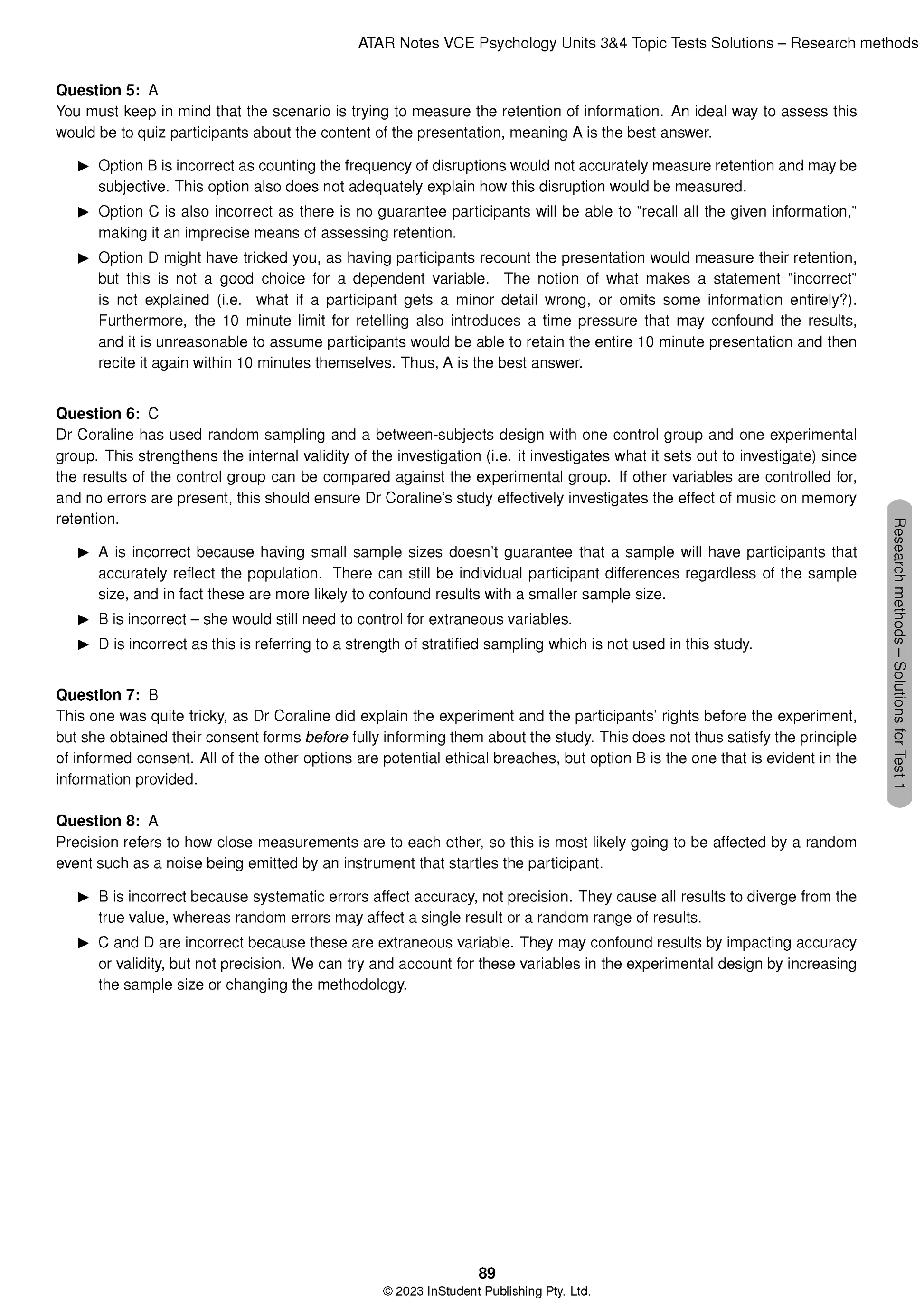 VCE Psychology Topic Test Solutions by ATAR Notes, showing printed pages with questions and answer explanations.