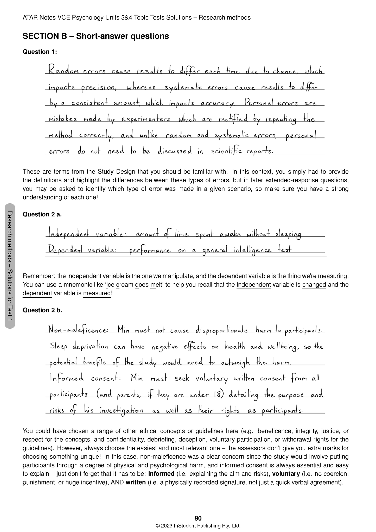 VCE Psychology 3&4 topic tests by ATAR Notes, featuring a study page with questions and handwritten solutions.