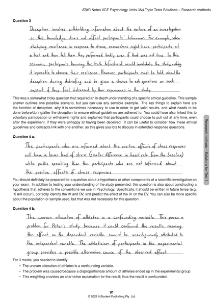Topic Tests for VCE Psychology 3&4 by ATAR Notes, showing a page with handwritten answers and explanations for questions 3 and 4.