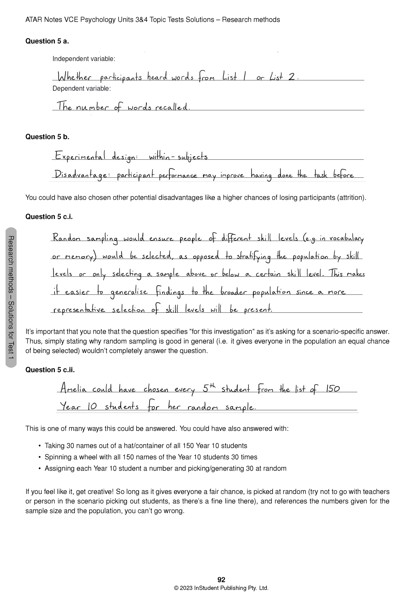 Topic Tests solution page for VCE Psychology 3&4 (2024-2026) by ATAR Notes, showing printed questions and handwritten answers.