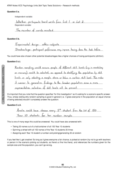 Topic Tests solution page for VCE Psychology 3&4 (2024-2026) by ATAR Notes, showing printed questions and handwritten answers.